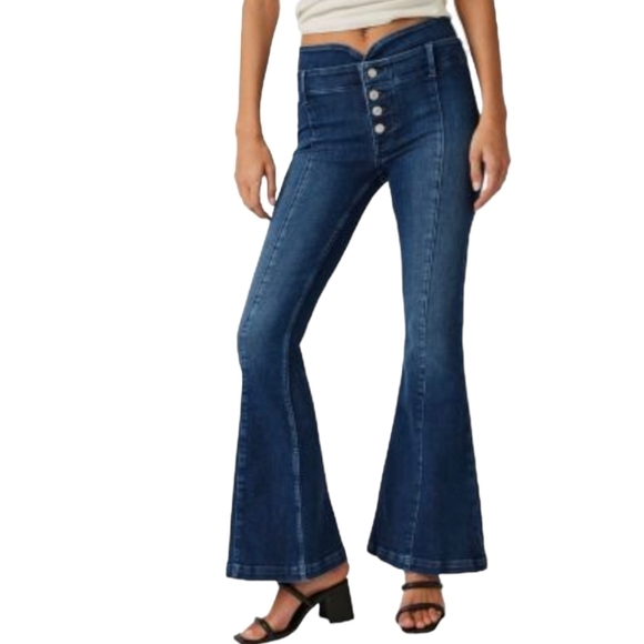 Free People After Dark Mid Rise Flare exposed fly front denim jeans NWT W27 L33 - Picture 1 of 12